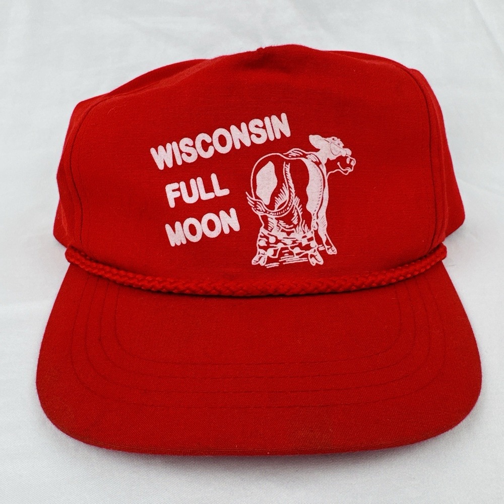 Vintage 90s Wisconsin Full Moon Cow Funny Rope Snapback Hat Cap Yupoong